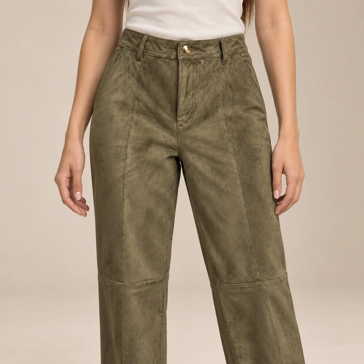 Seamed Suede Straight Trousers in Olive — ONE MORE