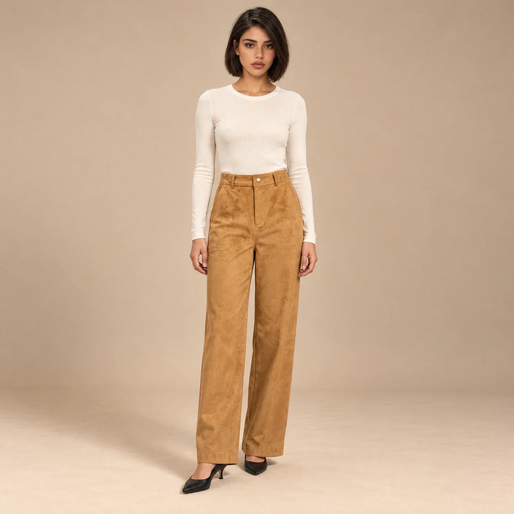 Suede Wide-Leg Trousers in Camel — ONE MORE