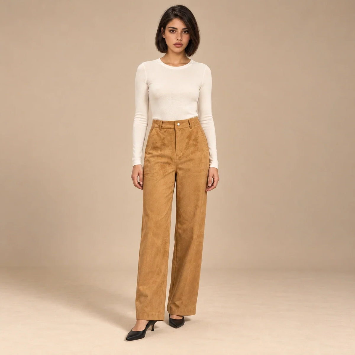 Suede Wide-Leg Trousers in Camel — ONE MORE