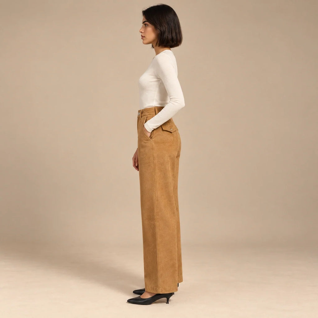 Suede Wide-Leg Trousers in Camel — ONE MORE