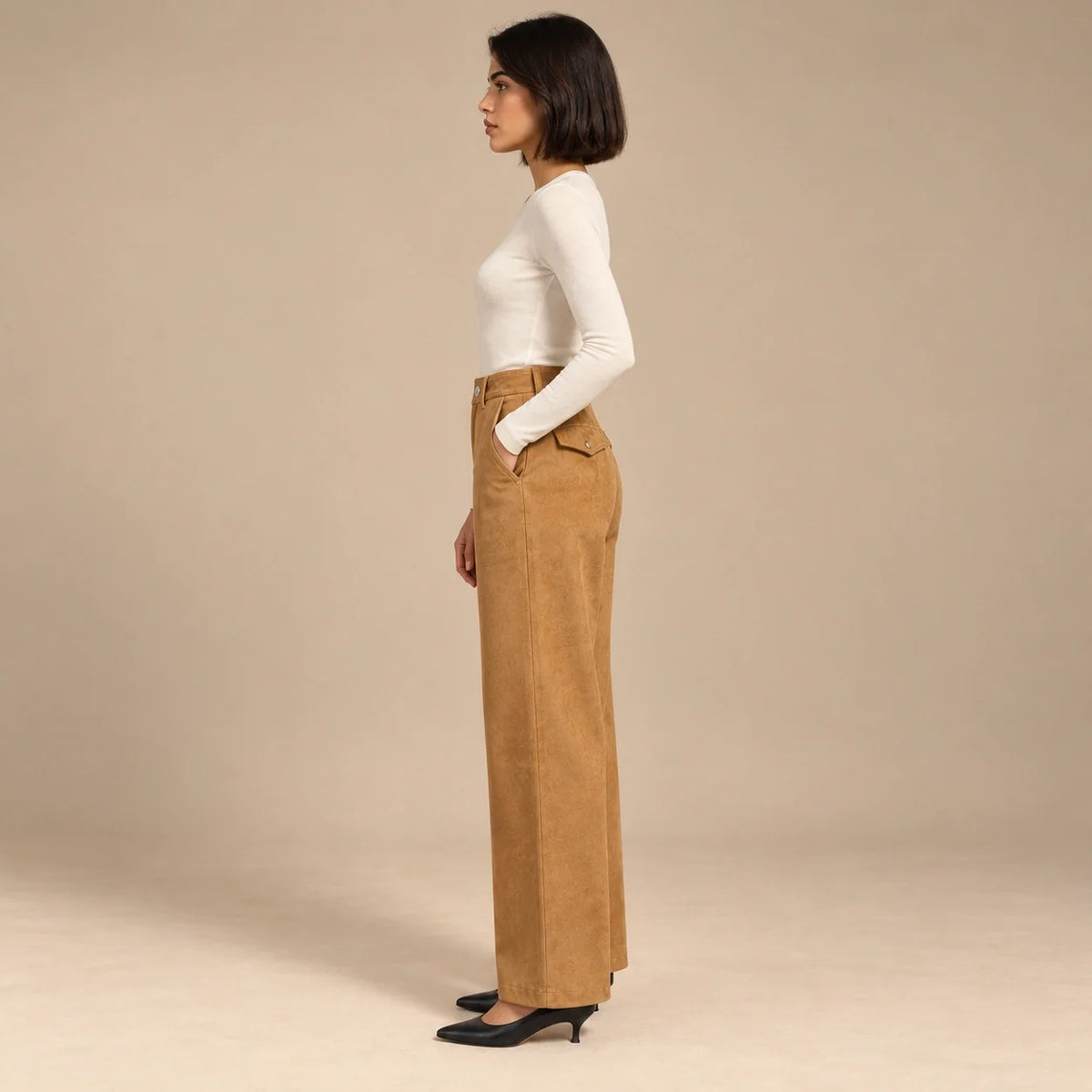 Suede Wide-Leg Trousers in Camel — ONE MORE