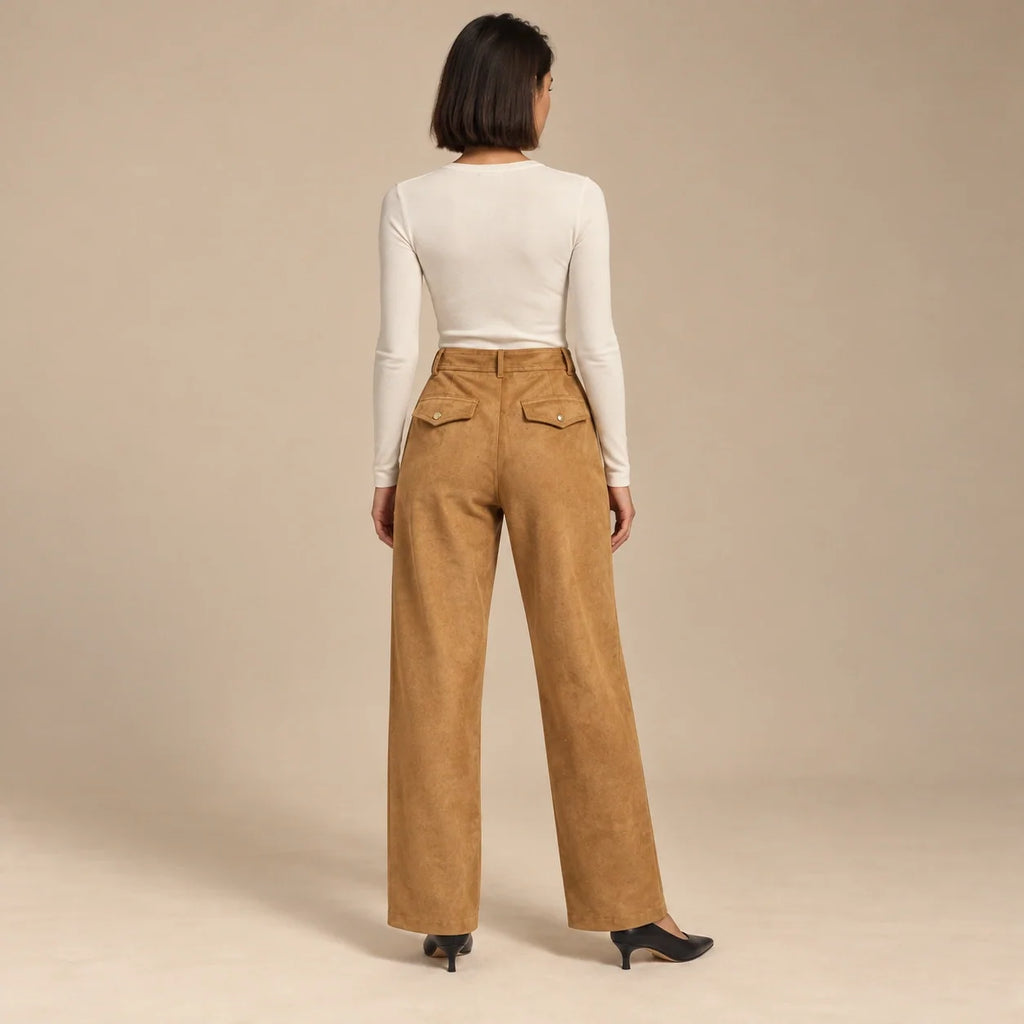 Suede Wide-Leg Trousers in Camel — ONE MORE