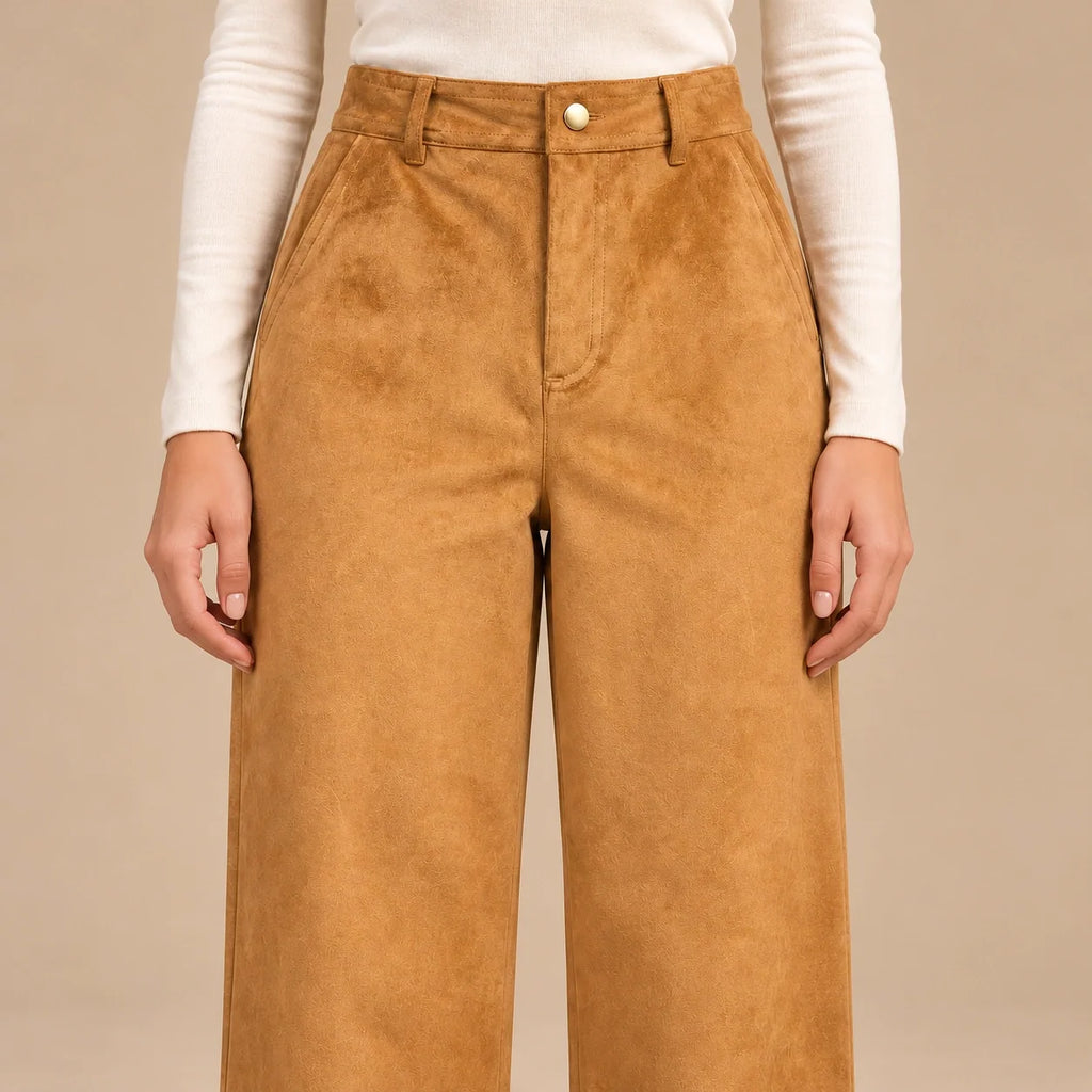 Suede Wide-Leg Trousers in Camel — ONE MORE
