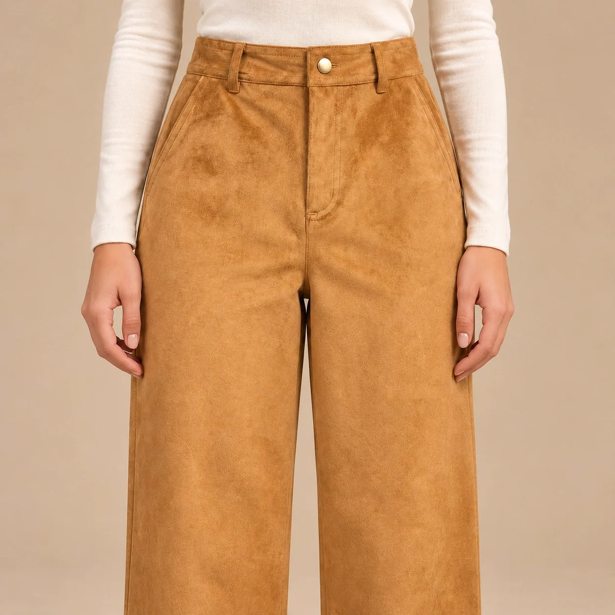 Suede Wide-Leg Trousers in Camel — ONE MORE