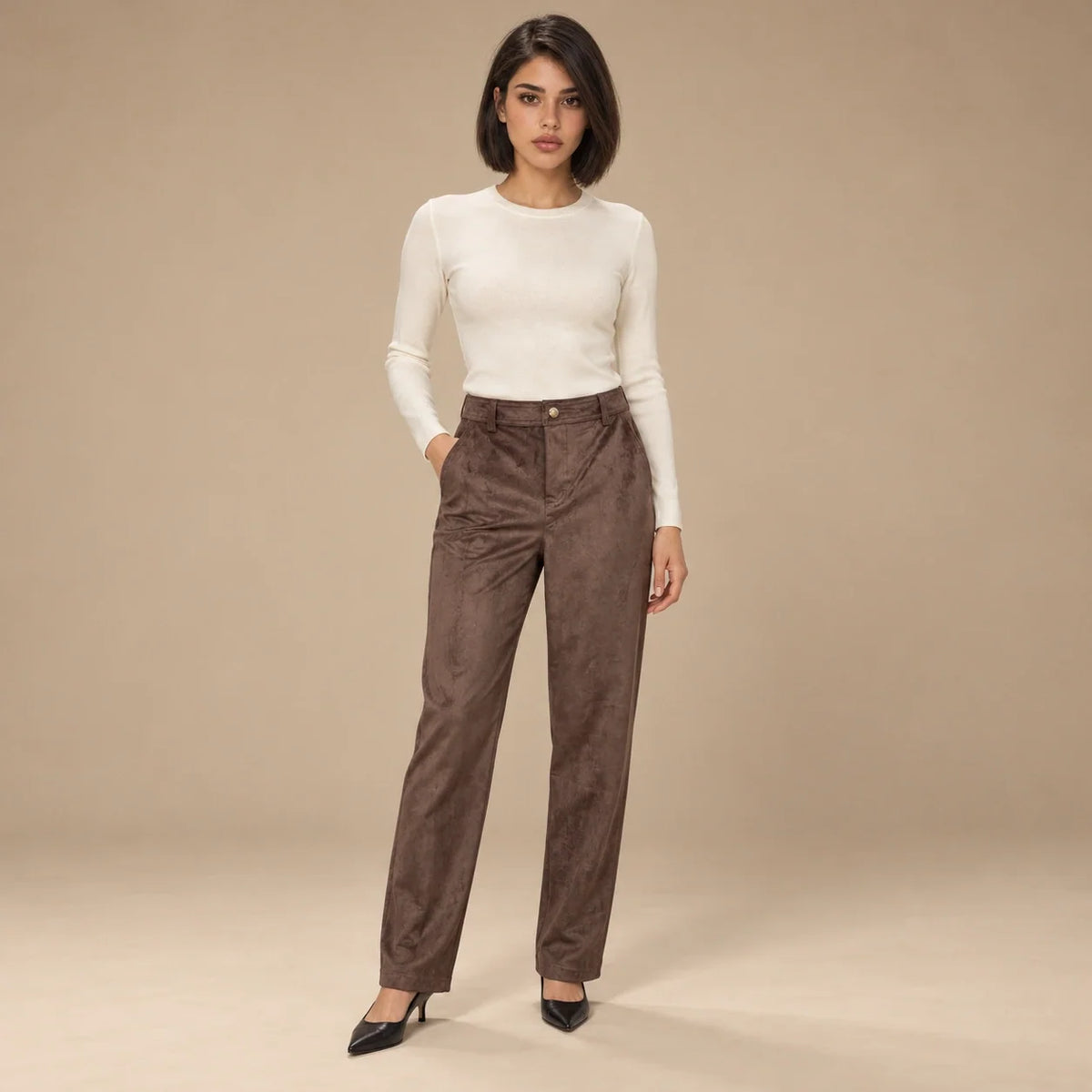 Suede Wide-Leg Trousers in Dark Brown — ONE MORE