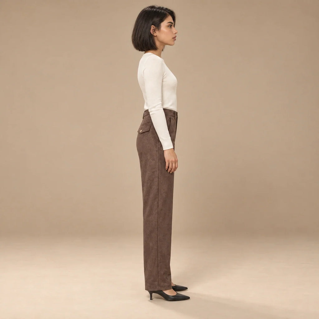 Suede Wide-Leg Trousers in Dark Brown — ONE MORE