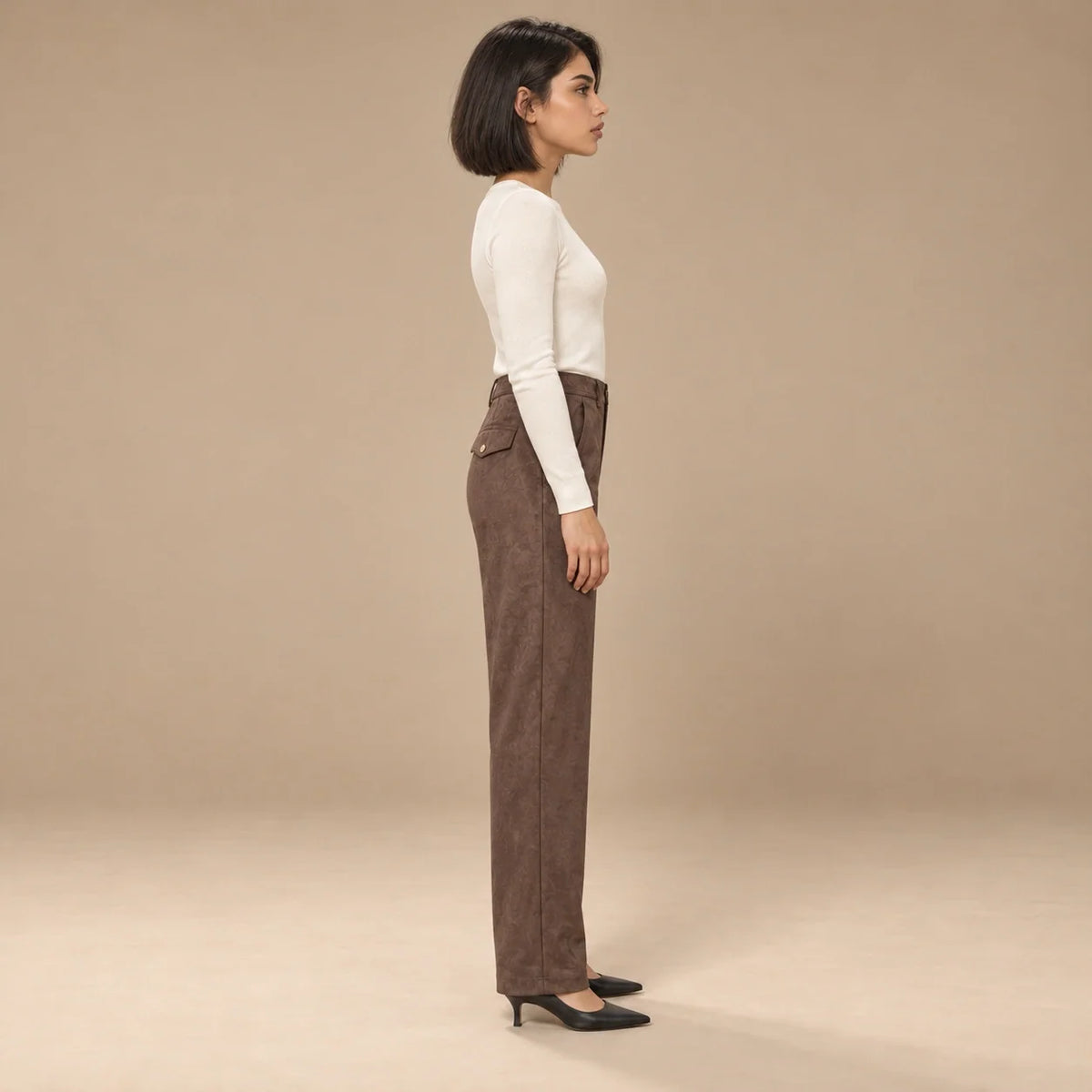 Suede Wide-Leg Trousers in Dark Brown — ONE MORE