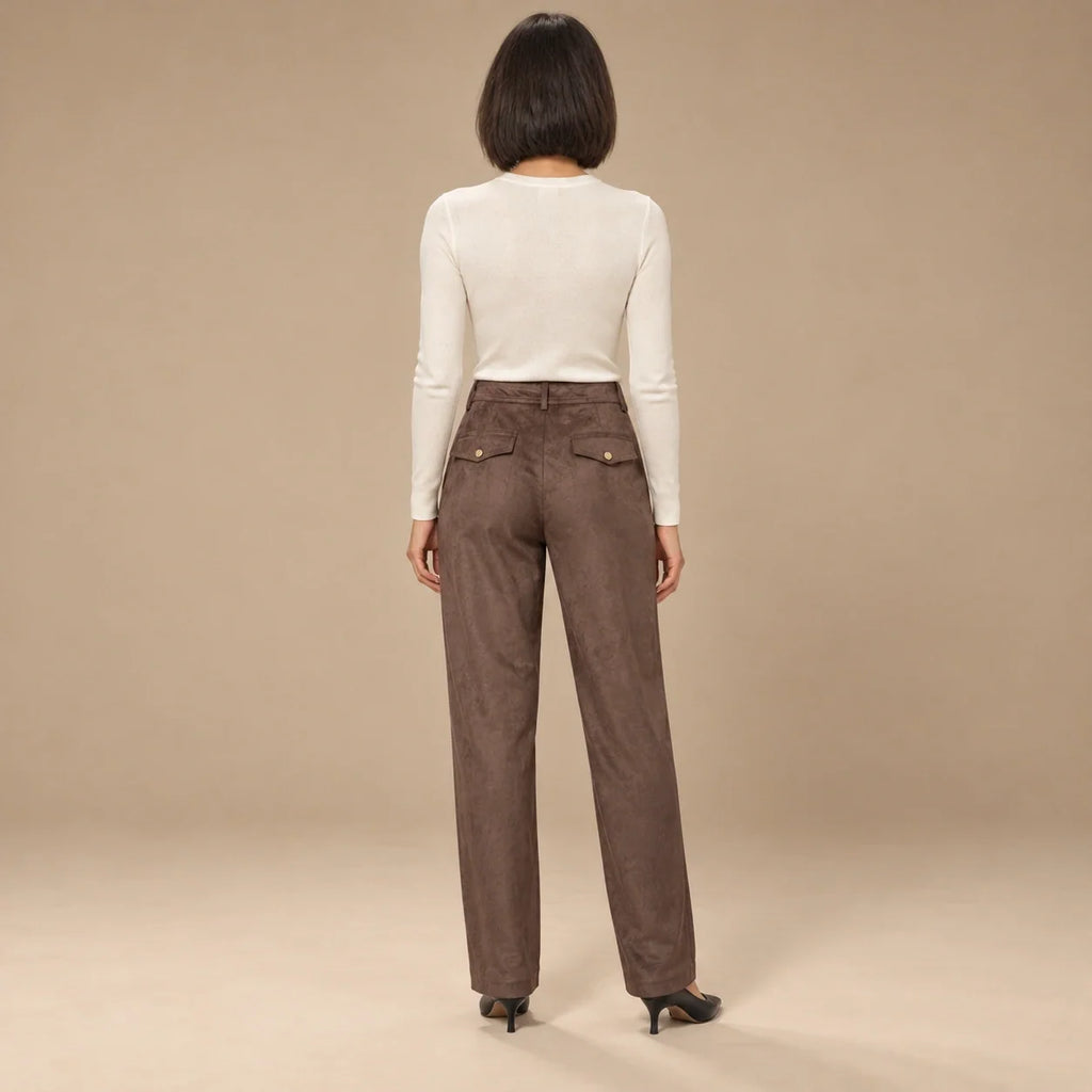 Suede Wide-Leg Trousers in Dark Brown — ONE MORE
