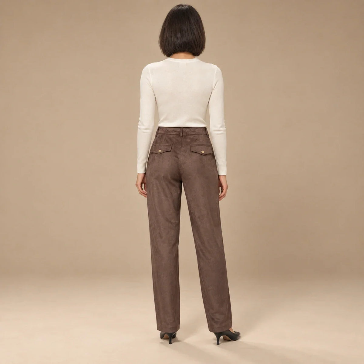 Suede Wide-Leg Trousers in Dark Brown — ONE MORE
