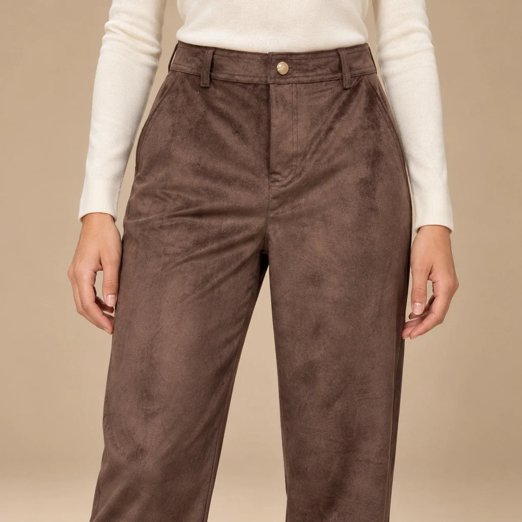 Suede Wide-Leg Trousers in Dark Brown — ONE MORE