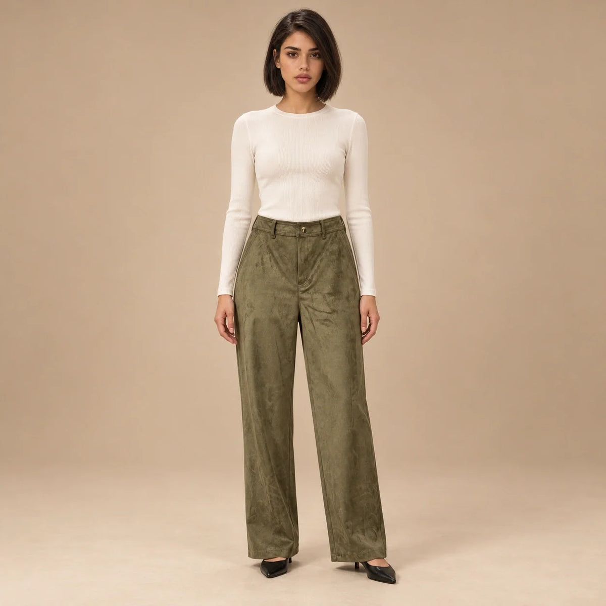 Suede Wide-Leg Trousers in Olive — ONE MORE