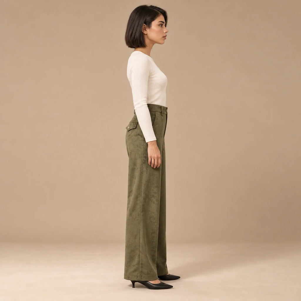 Suede Wide-Leg Trousers in Olive — ONE MORE