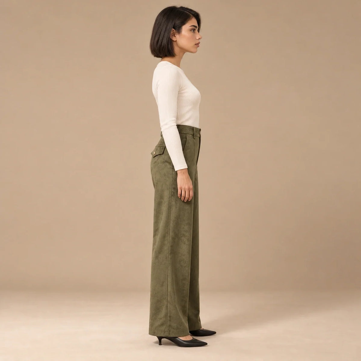 Suede Wide-Leg Trousers in Olive — ONE MORE