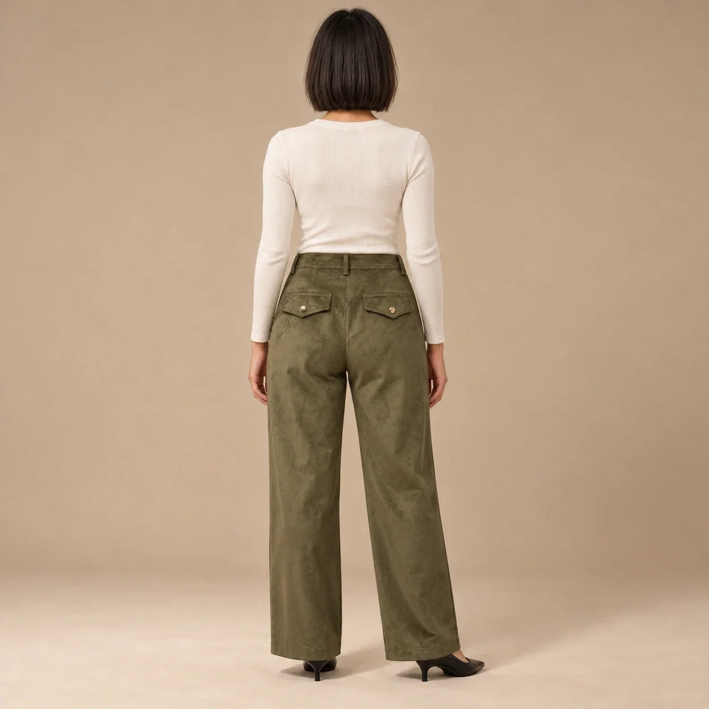 Suede Wide-Leg Trousers in Olive — ONE MORE