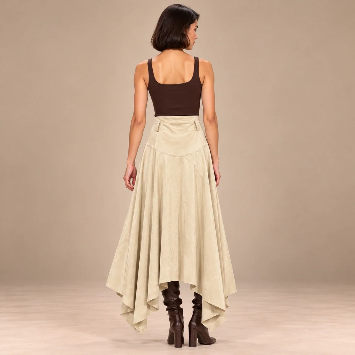 Handkerchief Hem Suede Skirt in Beige — ONE MORE