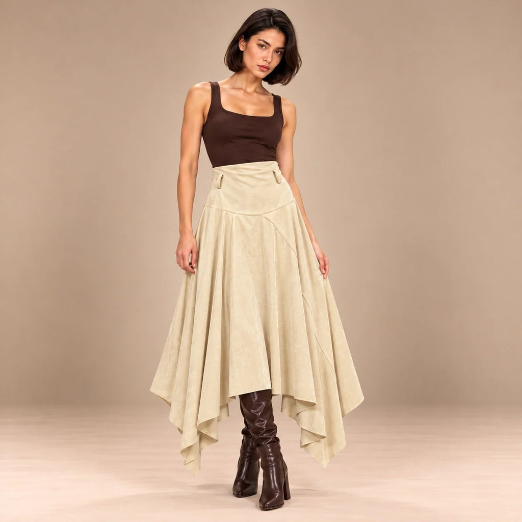 Handkerchief Hem Suede Skirt in Beige — ONE MORE