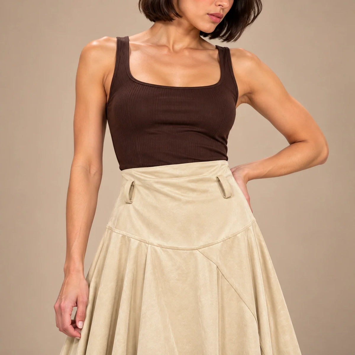 Handkerchief Hem Suede Skirt in Beige — ONE MORE