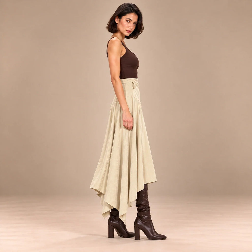 Handkerchief Hem Suede Skirt in Beige — ONE MORE