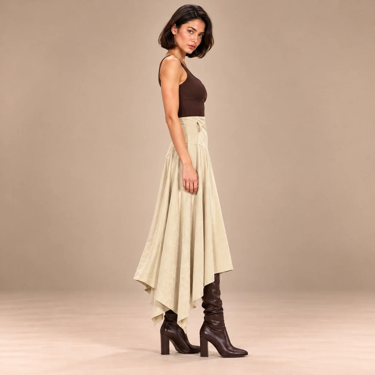 Handkerchief Hem Suede Skirt in Beige — ONE MORE