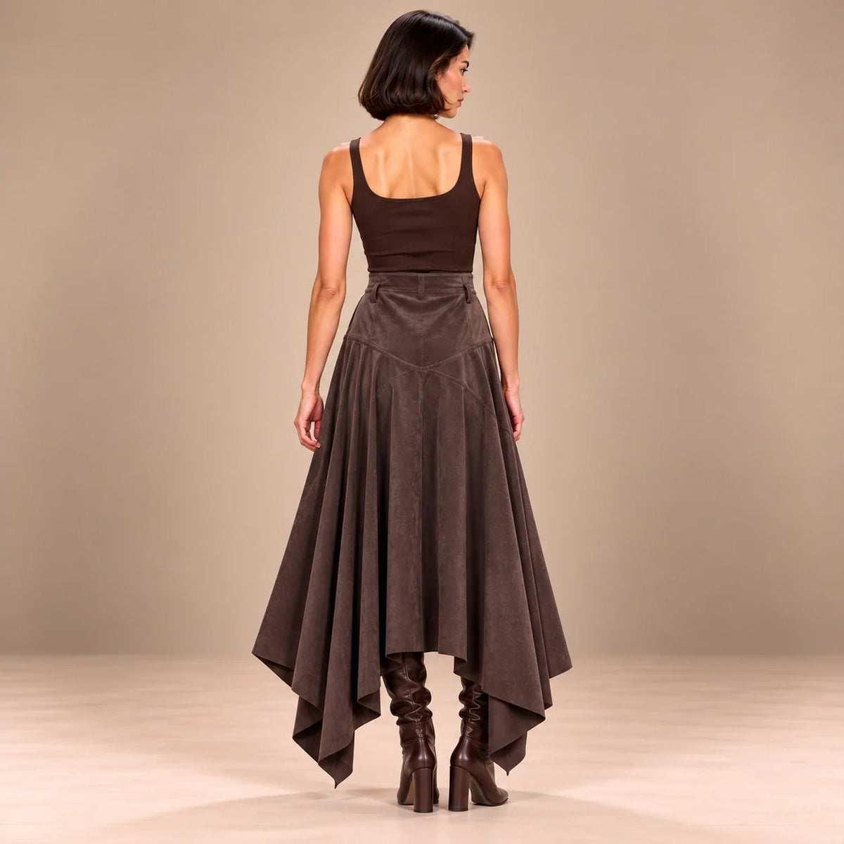 Handkerchief Hem Suede Skirt in Brown — ONE MORE