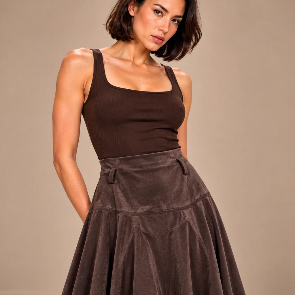 Handkerchief Hem Suede Skirt in Brown — ONE MORE