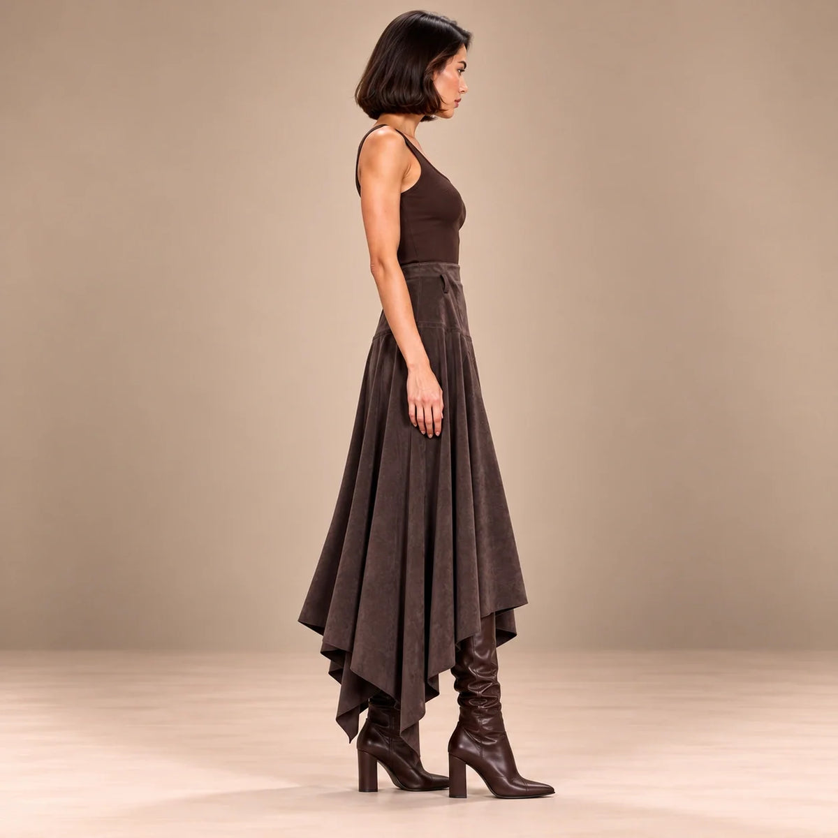 Handkerchief Hem Suede Skirt in Brown — ONE MORE