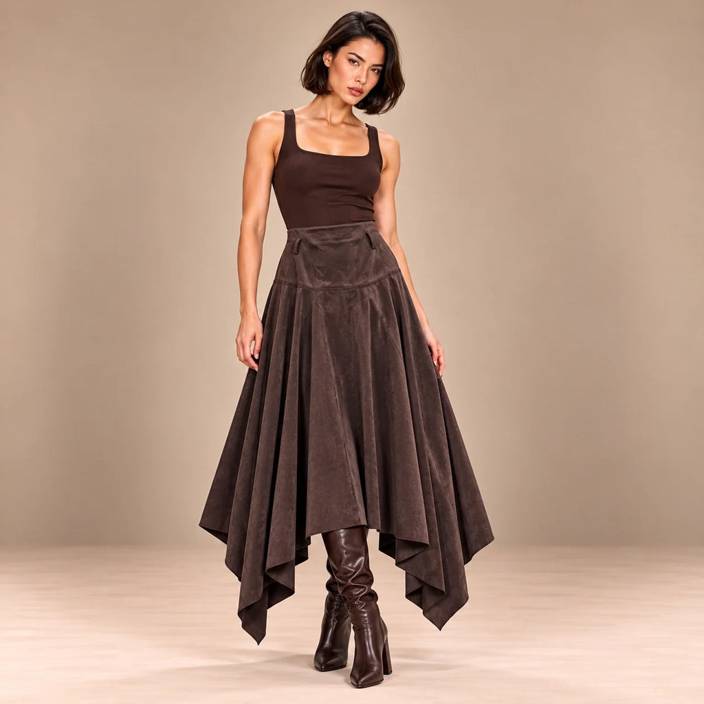 Handkerchief Hem Suede Skirt in Brown — ONE MORE