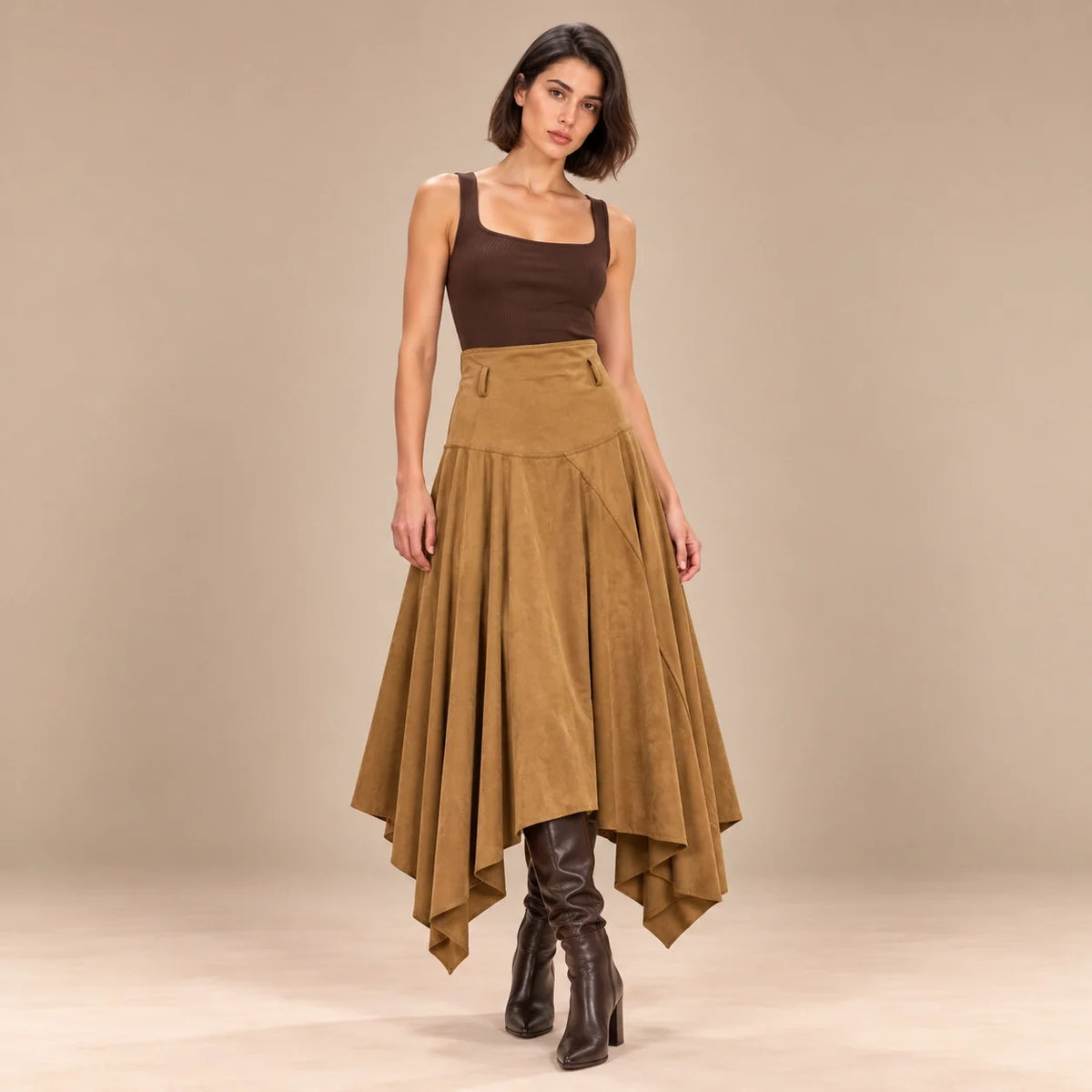 Handkerchief Hem Suede Skirt in Camel — ONE MORE