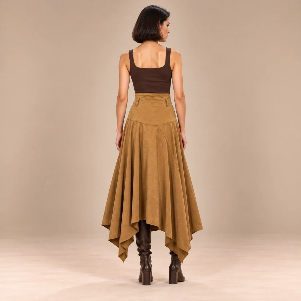 Handkerchief Hem Suede Skirt in Camel — ONE MORE