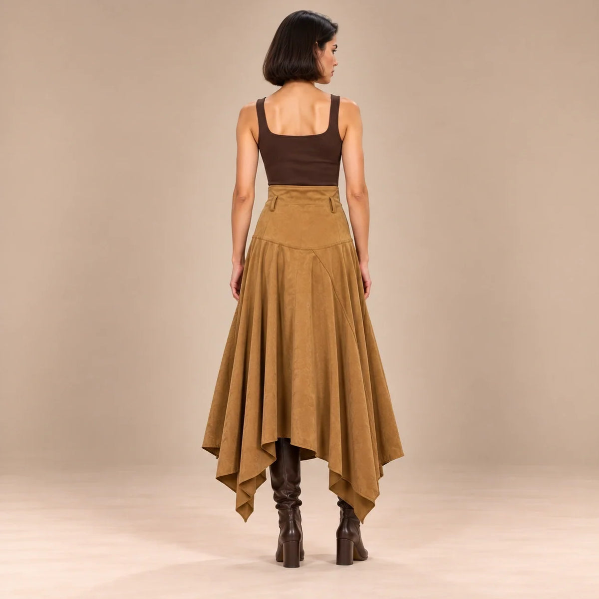 Handkerchief Hem Suede Skirt in Camel — ONE MORE