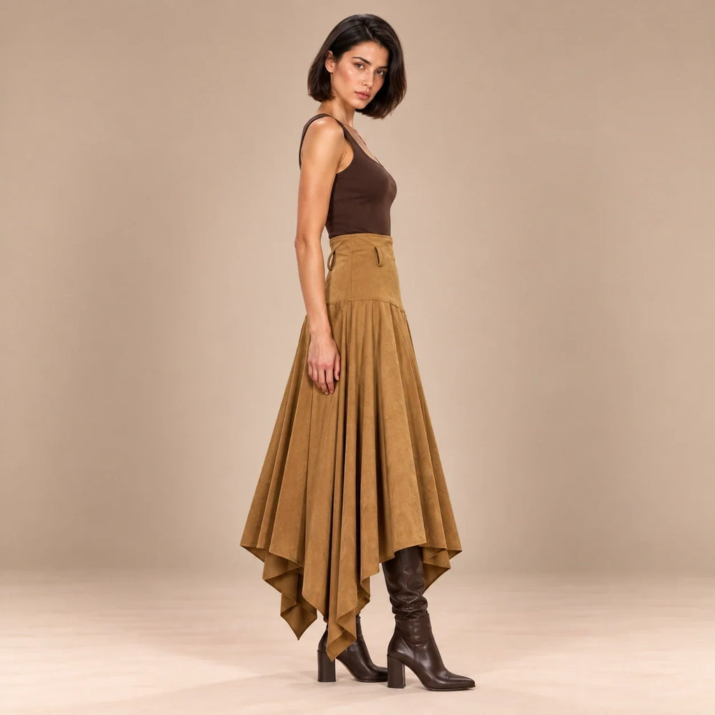 Handkerchief Hem Suede Skirt in Camel — ONE MORE