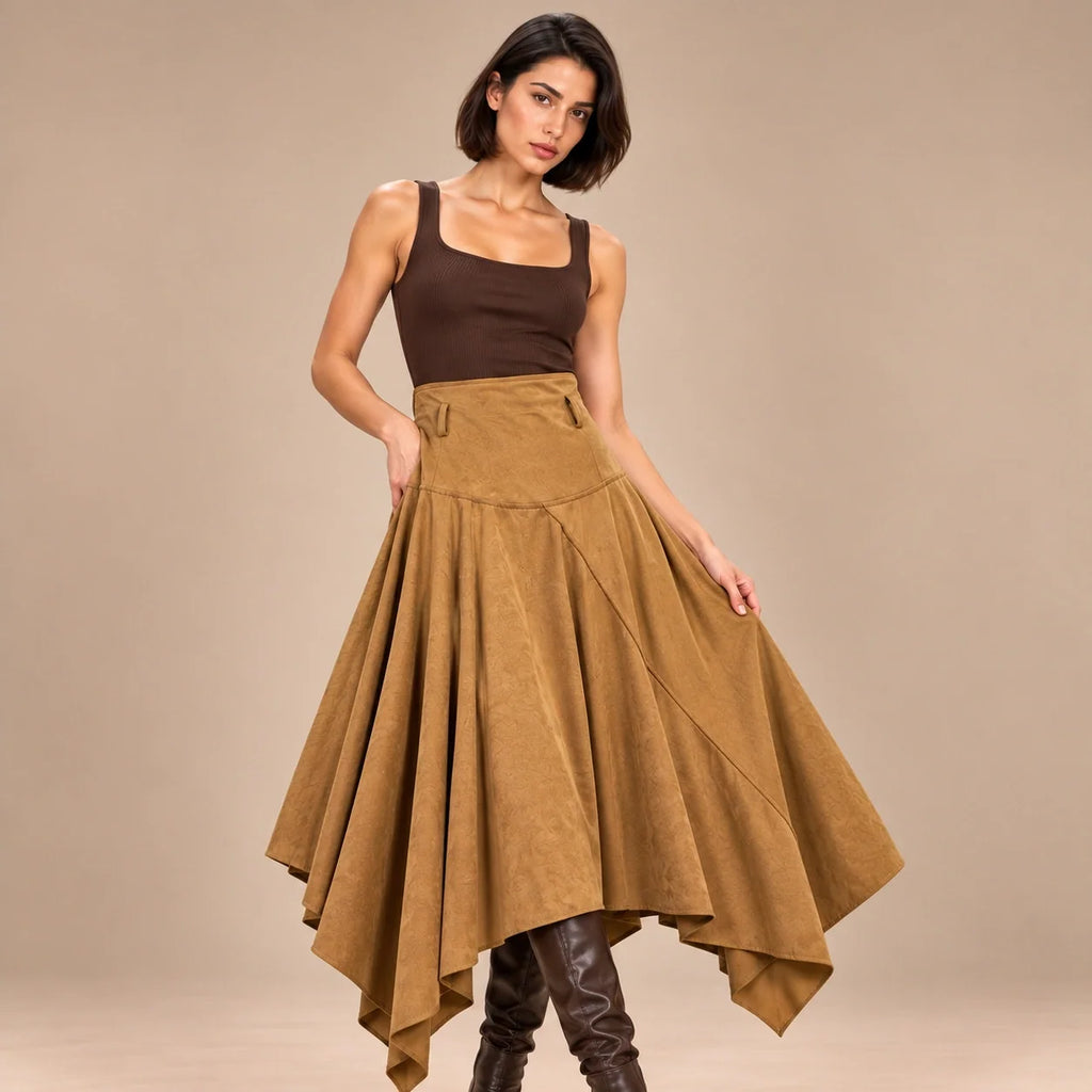 Handkerchief Hem Suede Skirt in Camel — ONE MORE