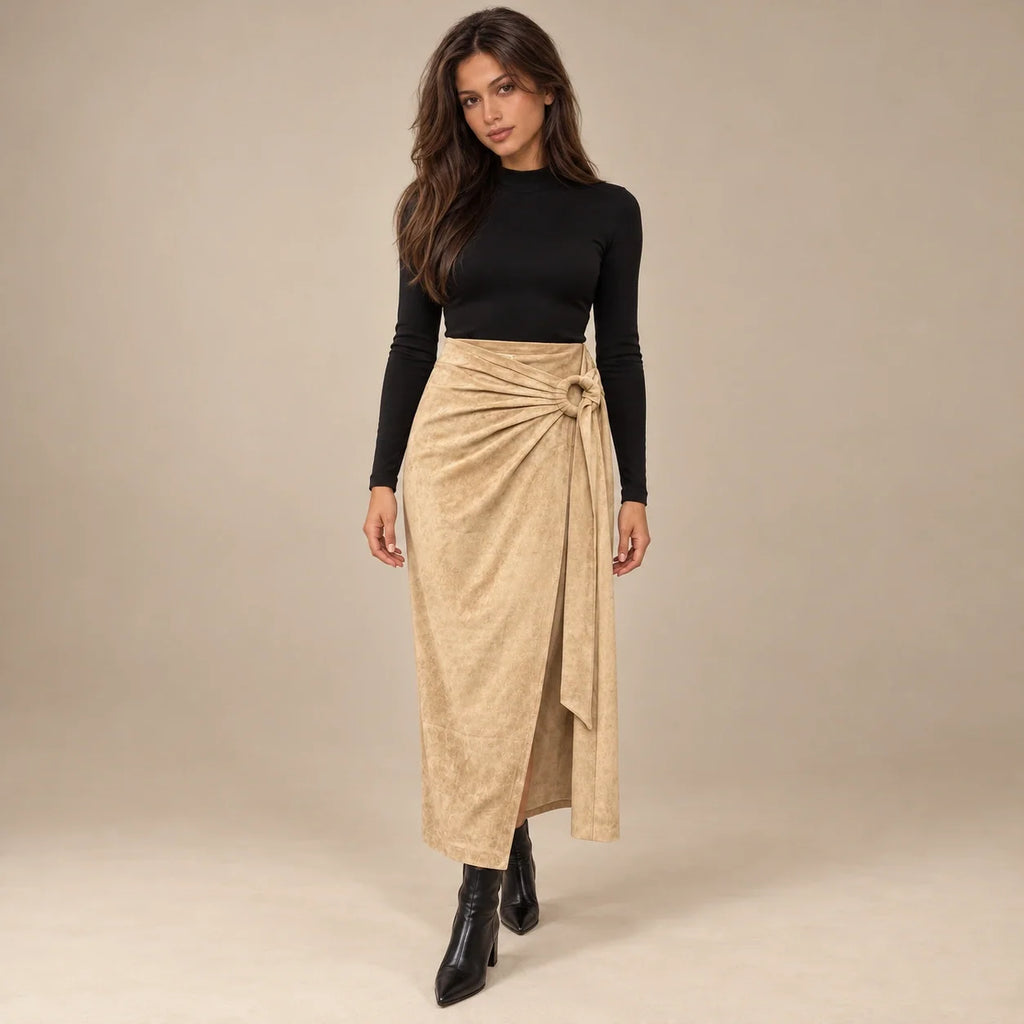 Knot Tie Suede Wrap Skirt in Beige — ONE MORE
