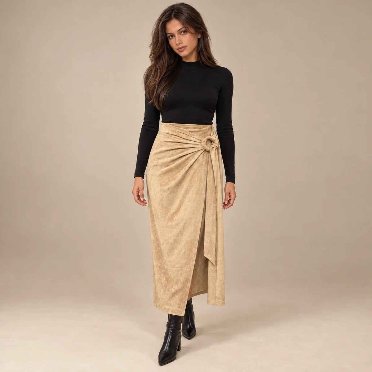 Knot Tie Suede Wrap Skirt in Beige — ONE MORE