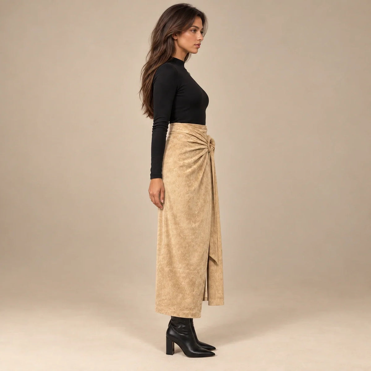 Knot Tie Suede Wrap Skirt in Beige — ONE MORE