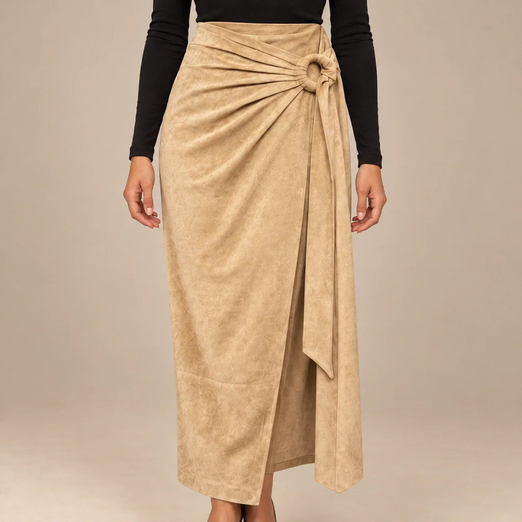 Knot Tie Suede Wrap Skirt in Beige — ONE MORE