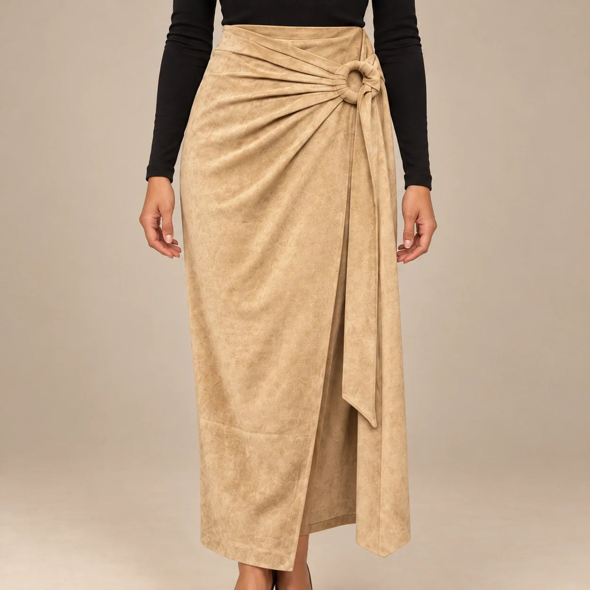 Knot Tie Suede Wrap Skirt in Beige — ONE MORE
