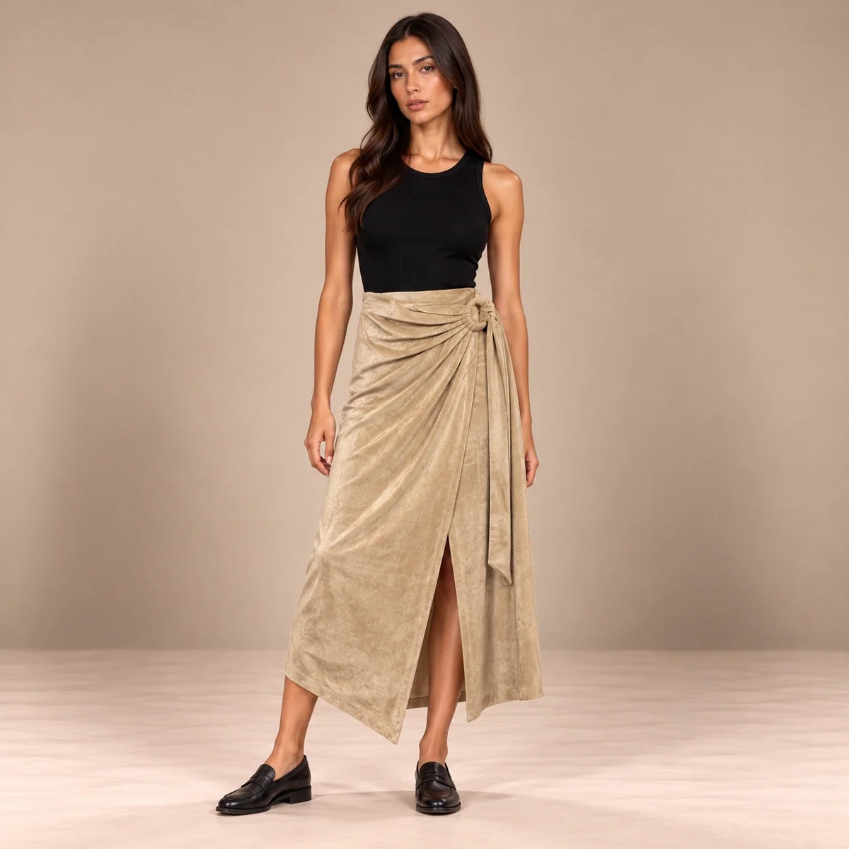 Knot Tie Suede Wrap Skirt in Beige — ONE MORE