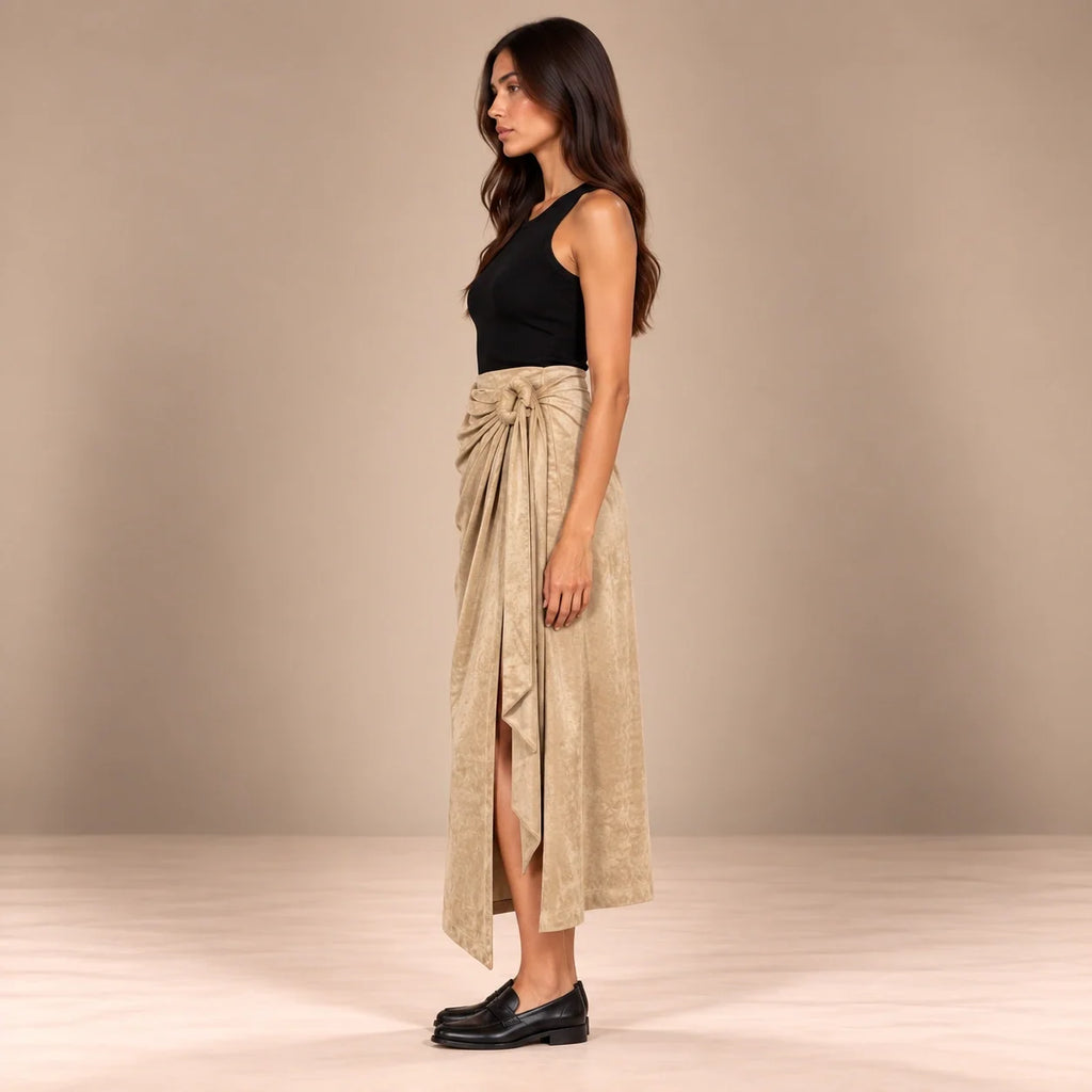 Knot Tie Suede Wrap Skirt in Beige — ONE MORE