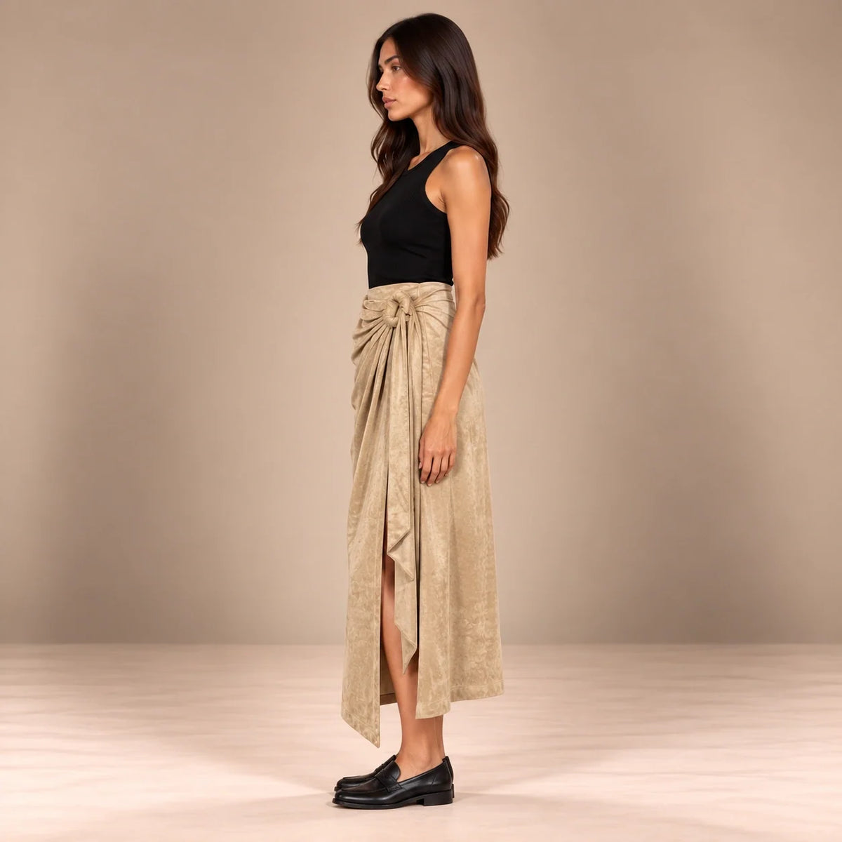 Knot Tie Suede Wrap Skirt in Beige — ONE MORE
