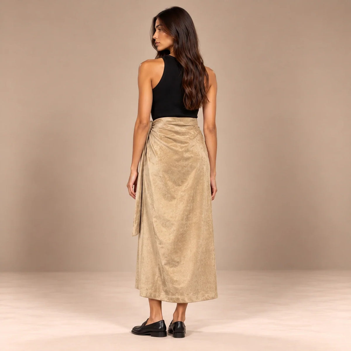Knot Tie Suede Wrap Skirt in Beige — ONE MORE