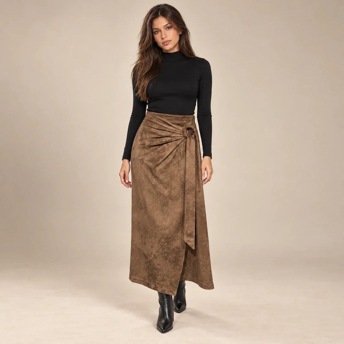 Knot Tie Suede Wrap Skirt in Brown — ONE MORE