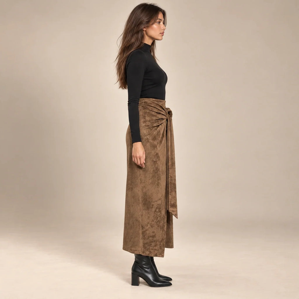 Knot Tie Suede Wrap Skirt in Brown — ONE MORE