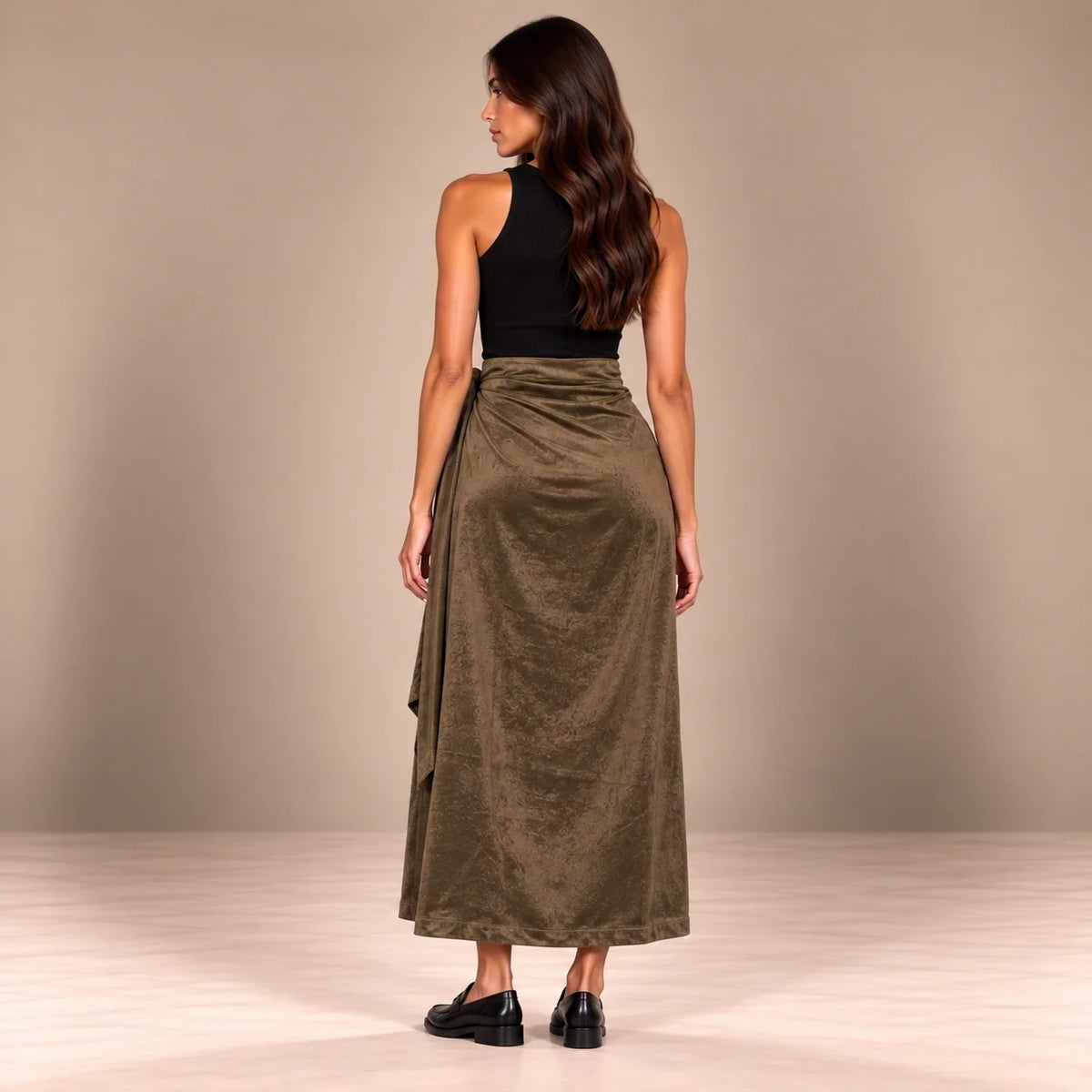 Knot Tie Suede Wrap Skirt in Brown — ONE MORE