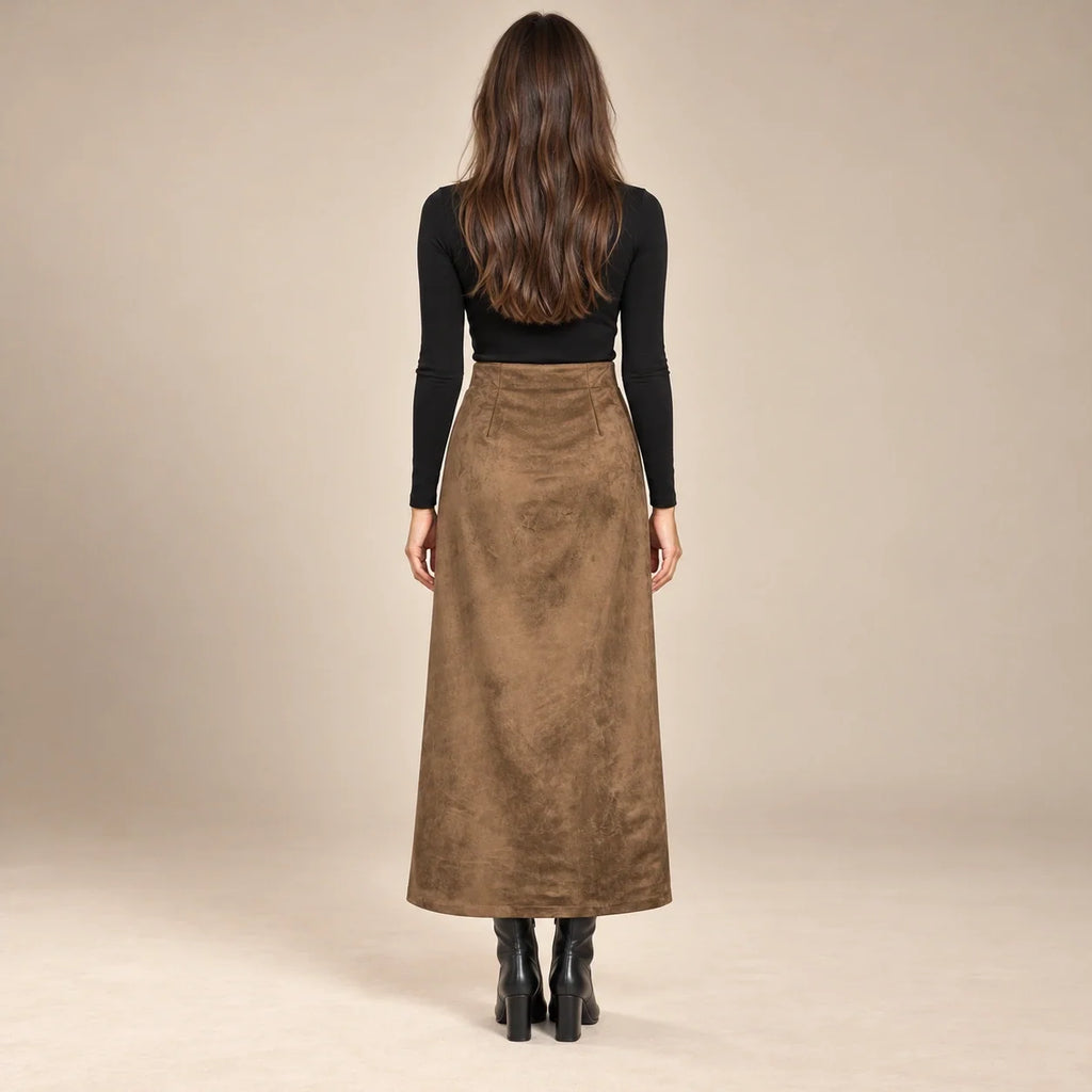 Knot Tie Suede Wrap Skirt in Brown — ONE MORE
