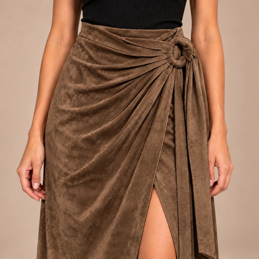 Knot Tie Suede Wrap Skirt in Brown — ONE MORE