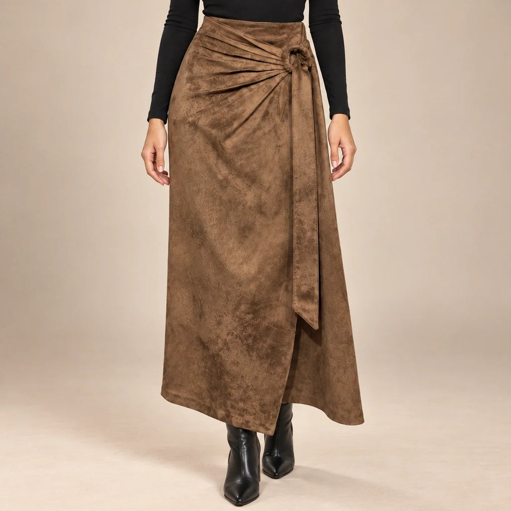 Knot Tie Suede Wrap Skirt in Brown — ONE MORE