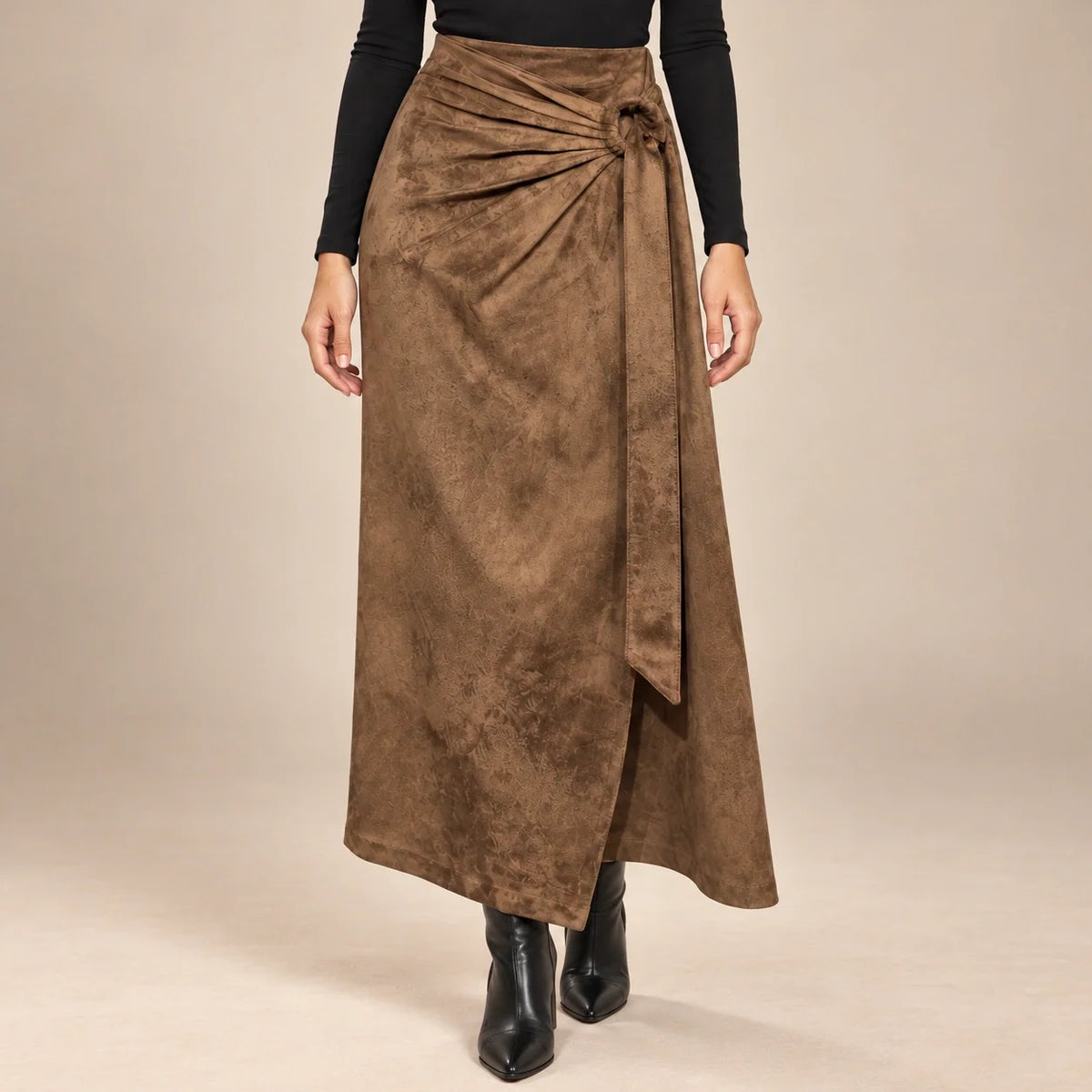 Knot Tie Suede Wrap Skirt in Brown — ONE MORE