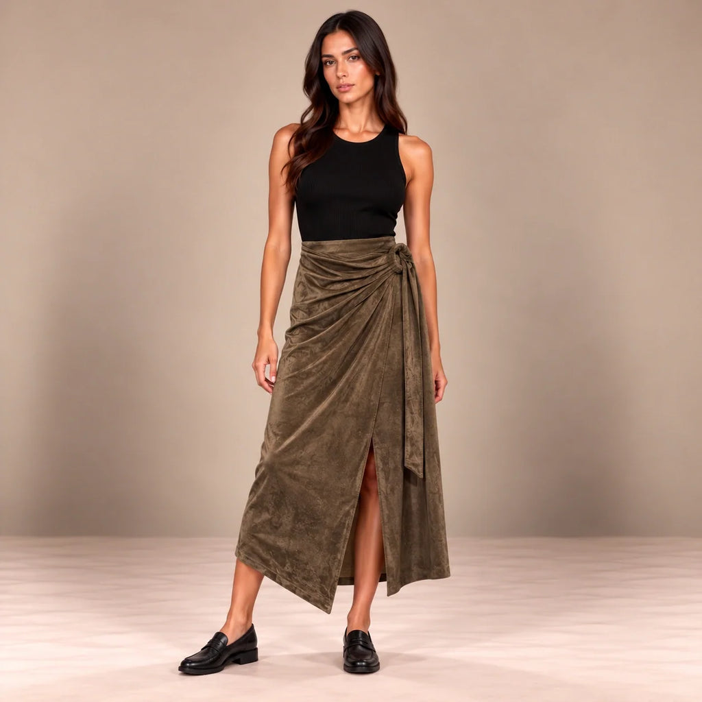 Knot Tie Suede Wrap Skirt in Brown — ONE MORE