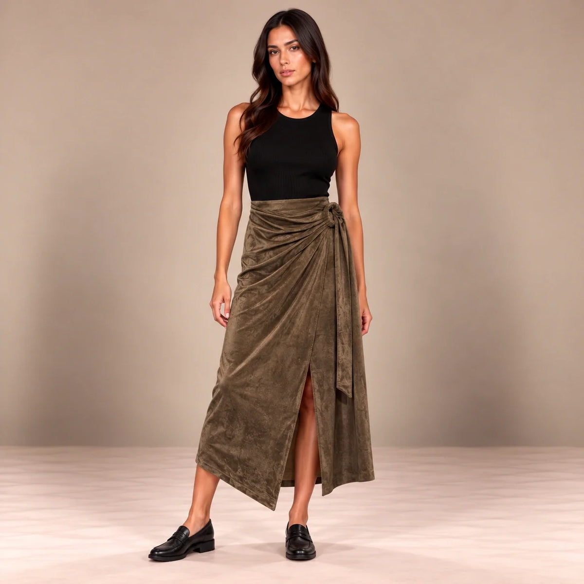 Knot Tie Suede Wrap Skirt in Brown — ONE MORE